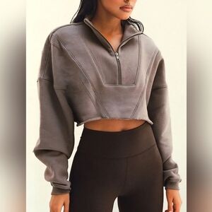 Joah Brown Half Zip Crop Sweatshirt